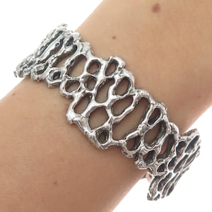 925 Sterling Silver Vintage Modernist Brutalist Adjustable Cuff Bracelet 7&quot;