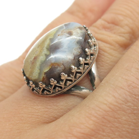 ZEUS 925 Sterling Silver Vintage Real Agate Modenrist Crown Ring