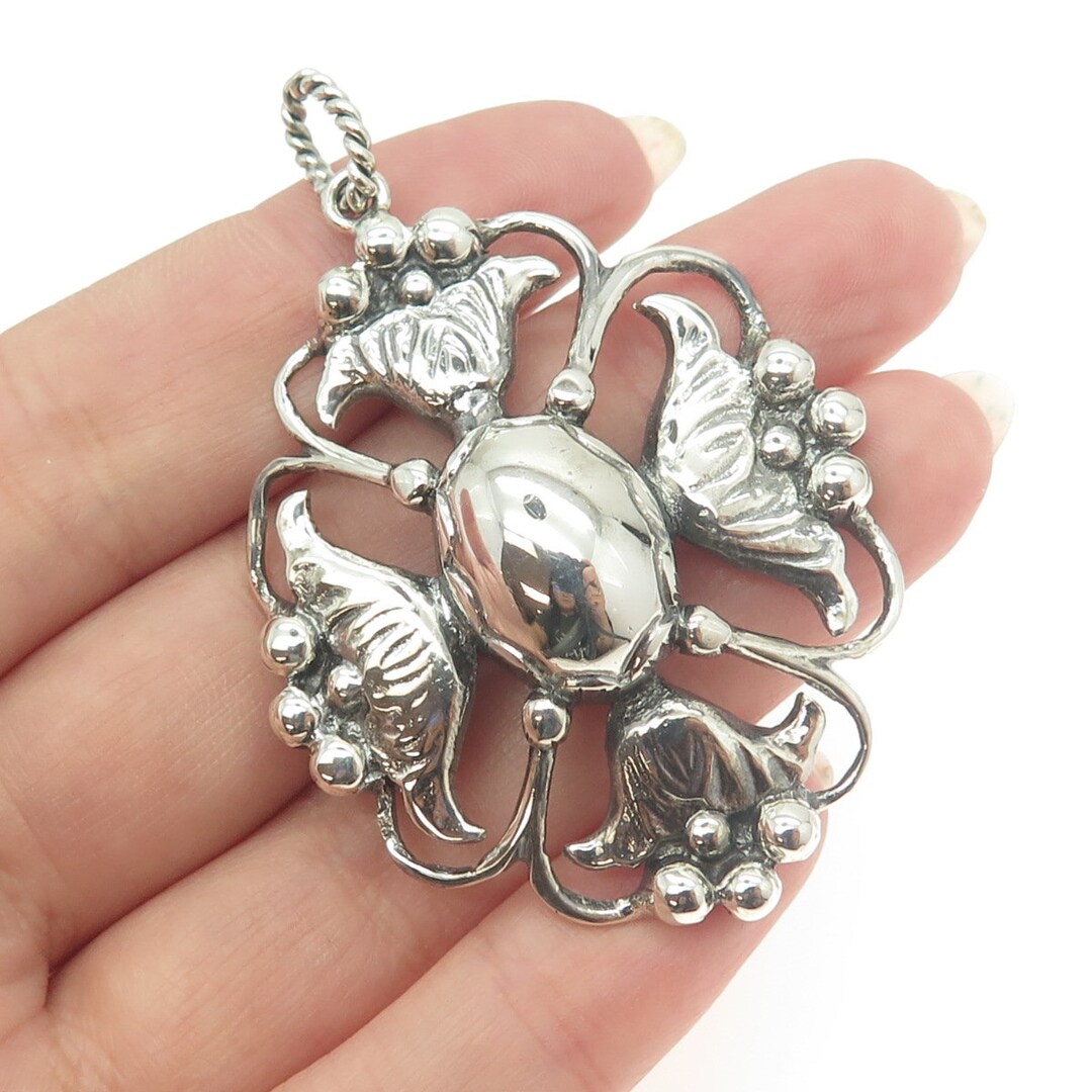925 Sterling Silver Antique Art Deco Cross Floral Handcrafted Pendant ...
