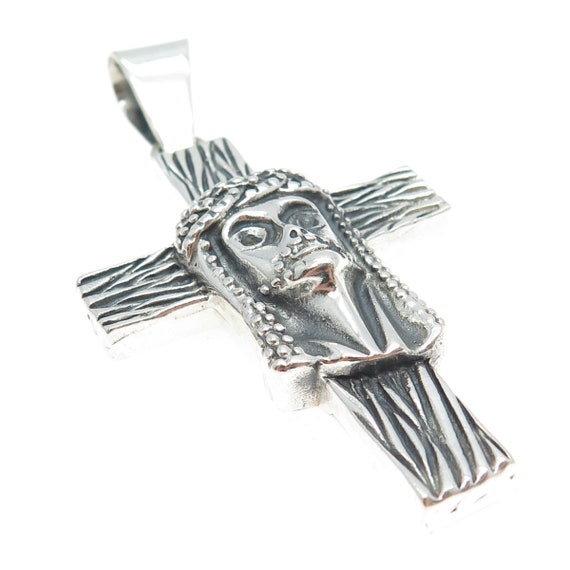 950 Silver Vintage Jesus Cross Oxidized Pendant - image 5