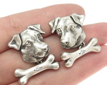 925 Sterling Silver Vintage Real Round-Cut Diamond Jack Russell Cufflinks