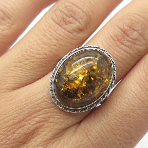 VALERIO V-8 925 Sterling Silver Vintage Poland Real Amber Ring Size 9.25