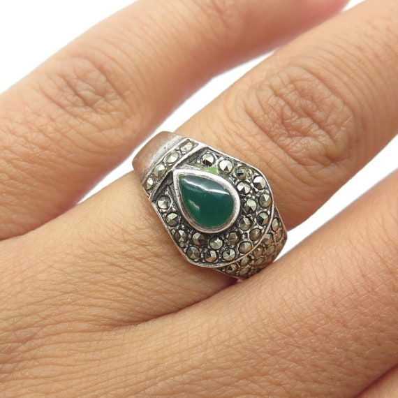 925 Sterling Silver Vintage Real Green Onyx and M… - image 1