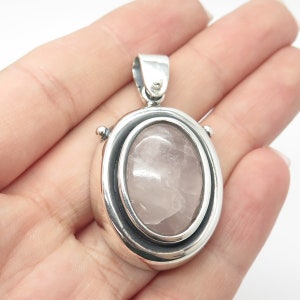 925 Sterling Silver Vintage Real Rose Quartz Gem Amulet Pendant