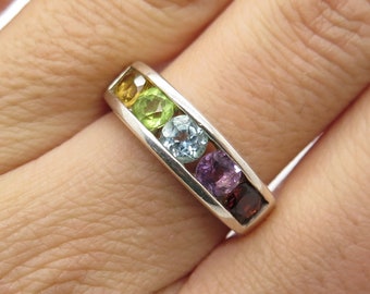 925 Sterling Silver Vintage Citrine Peridot Garnet Topaz Gem Ring Size 8.25