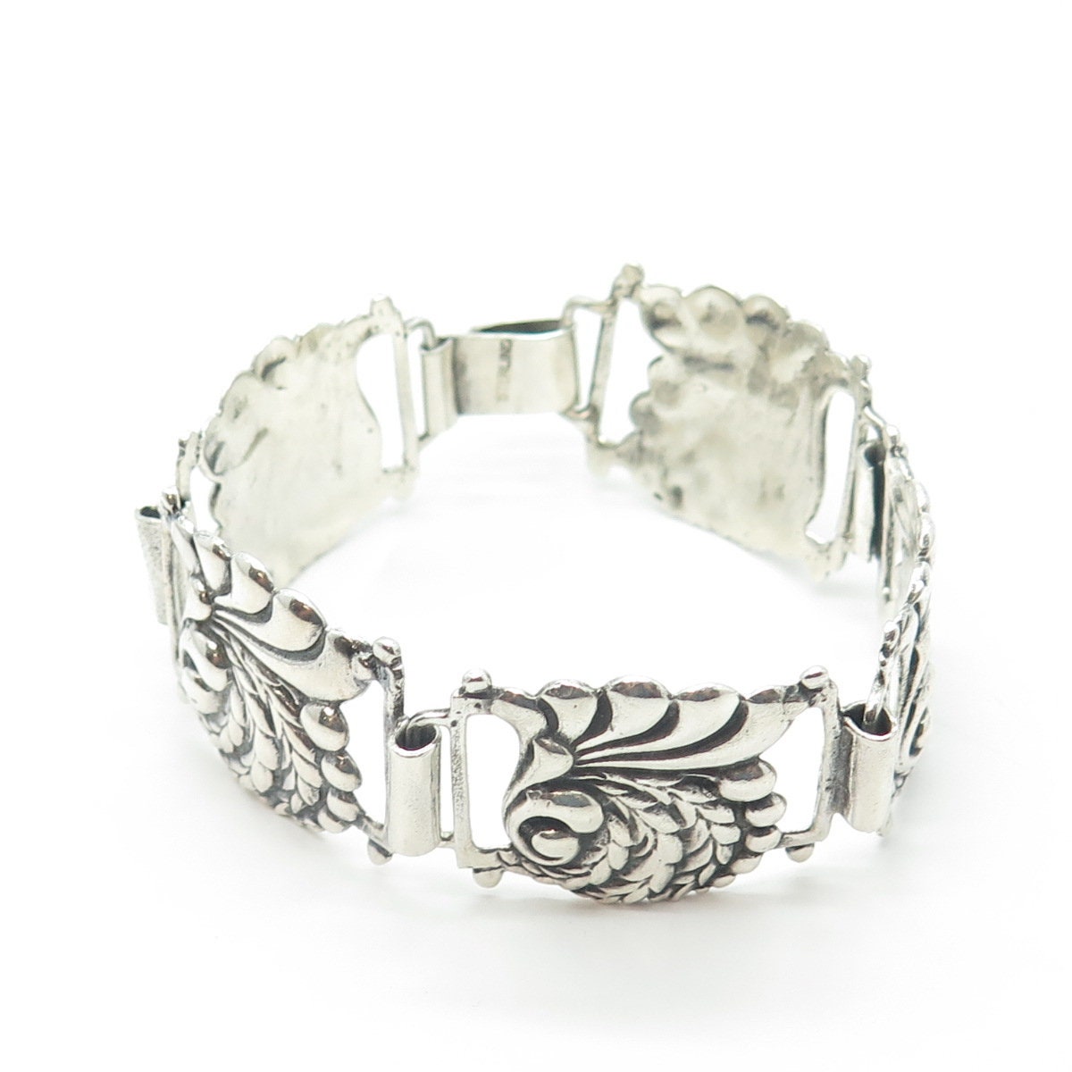 925 Sterling Silver Vintage Victorian Floral Panel Link Bracelet 7