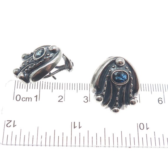 925 Sterling Silver Vintage Real Sapphire Modernist Oxidized Omega Back Earrings View 3