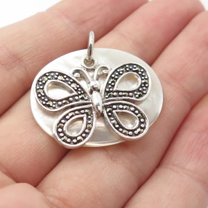 925 Sterling Silver Vintage Mother-of-Pearl and Marcasite Gem Butterfly Pendant