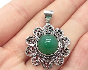 800 Silver Vintage Real Green Onyx Gemstone Filigree Pin Brooch