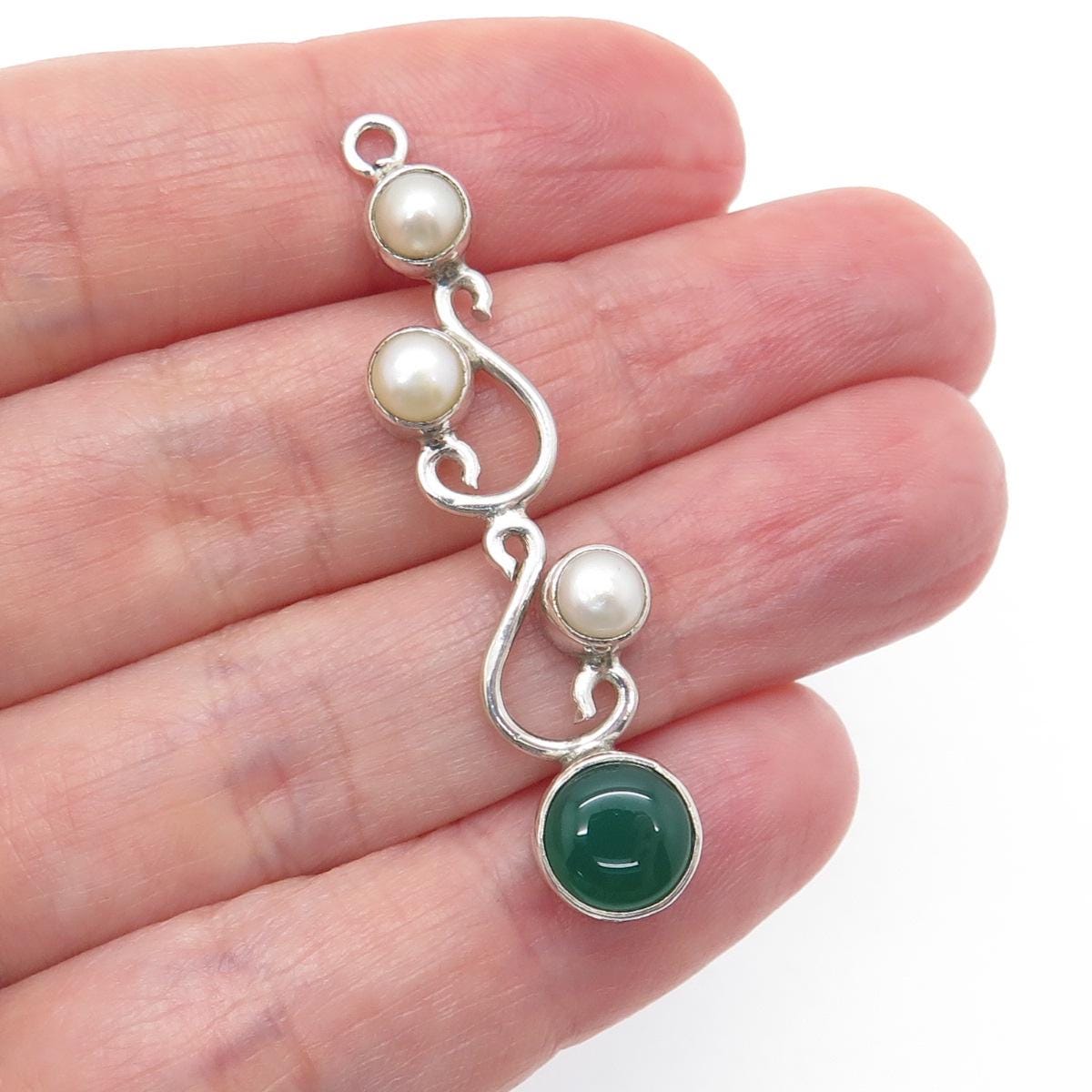 925 Sterling Silver Vintage Real Pearl & Green Chalcedony Swirl
