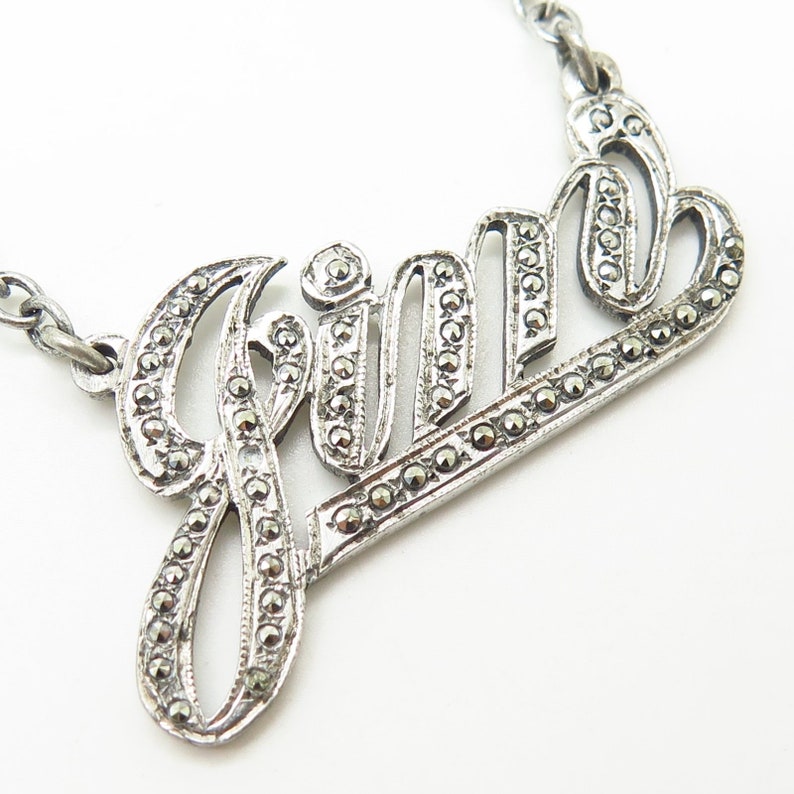Antique Sterling Silver Marcasite Jim Initial Tag Mens Tie Clip with Chain