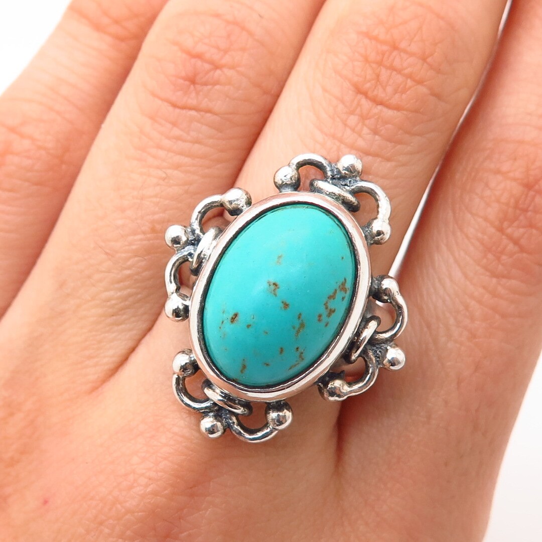 925 Sterling Silver Real Turquoise Gem Ornate Oval Design Ring Size 8 1