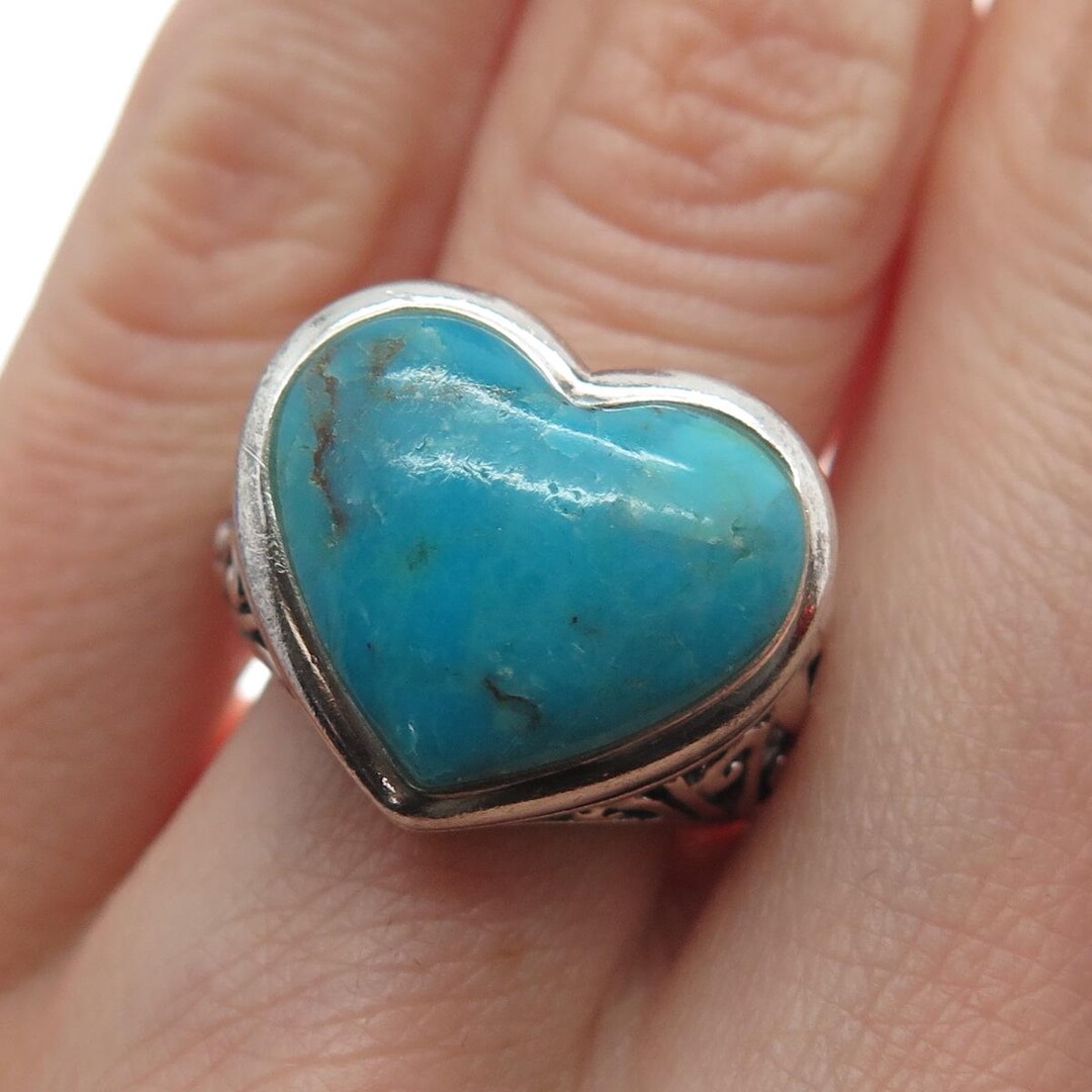 SX SALLY C Sterling Silver Vintage Real Kingman Turquoise Heart Ring ...