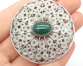 アクセサリー vintage silver925 onyx brooch 925 Sterling Silver Vintage Real Green Onyx Gemstone Ornate