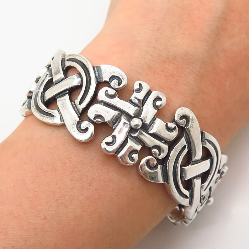 925 Sterling Silver Vintage Mexico Heavy Tribal Link Bracelet 6 34