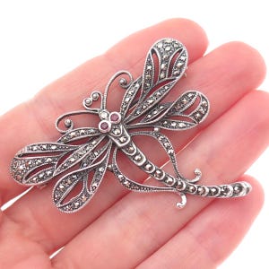 May include: A silver-toned dragonfly brooch featuring intricate openwork wings and a segmented body encrusted with numerous small, dark, faceted marcasite stones. The insect design includes two small, round, deep red stones for the eyes.