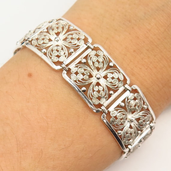 925 Sterling Silver Vintage Filigree Floral Design Wide Link Bracelet 7 - Etsy 925 Sterling Silver Vintage Filigree Floral Design Wide Link Bracelet 7 - Etsy