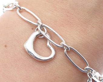 925 Sterling Silver Vintage Open Heart Charms Paperclip Link Bracelet 7"