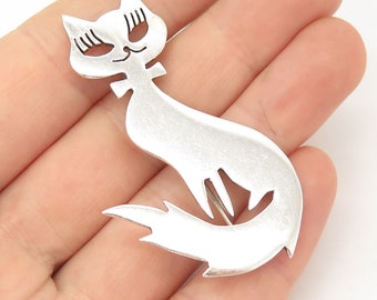 925 Sterling Silver Vintage Mexico Cat Design Pin Brooch