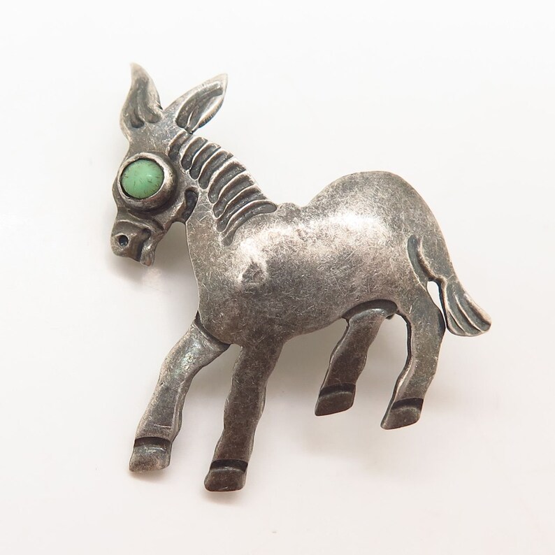 925 Sterling Silver Vintage Mexico Real Turquoise Gemstone Donkey Pin Brooch