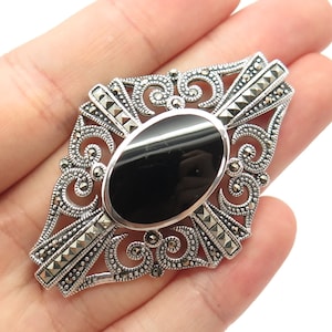 925 Sterling Silver Vintage Real Black Onyx and Marcasite Gem Swirl Pin Brooch