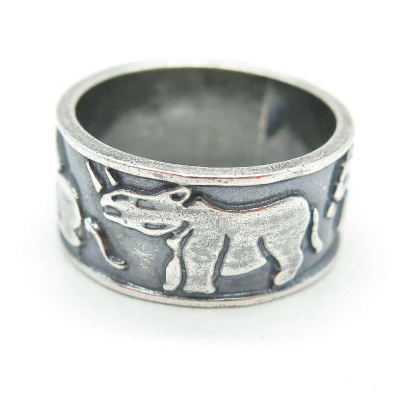 925 Sterling Silver Vintage Mexico Rhinoceros Camel Horse Band Ring