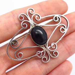 925 Sterling Silver Vintage Real Black Onyx Gem Swirl Design Pin Brooch