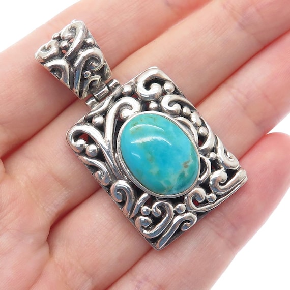 925 Sterling Silver Vintage Real Lone Mountain Turquoise Floral Ornate Pendant