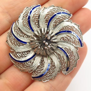 925 Sterling Silver Vintage Portugal Enamel Filigree Floral Design Pin Brooch