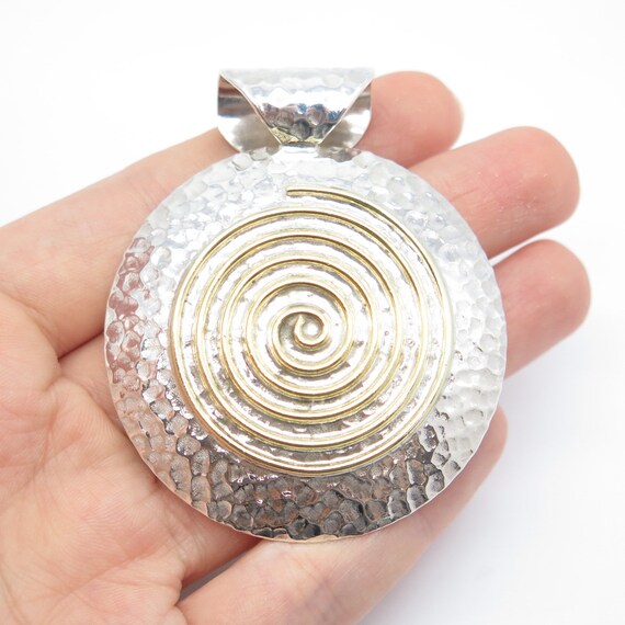 925 Sterling Silver 2-tone Vintage Mexico Hammered Swirl Round