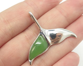 925 Sterling Silver Vintage Real Jade Whale Tail Pendant