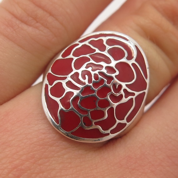 925 Sterling Silver Vintage Red Enamel Wide Ring … - image 1