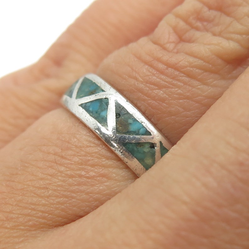 Old Pawn Navajo Sterling Silver Southwestern Turquoise Inlay Band Ring