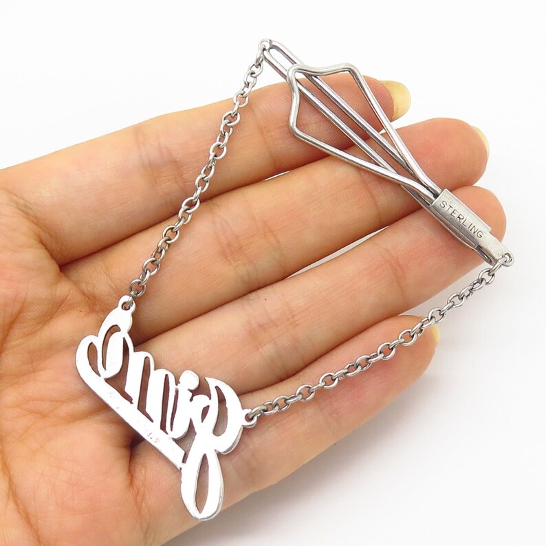 Antique Sterling Silver Marcasite Jim Initial Tag Mens Tie Clip with Chain