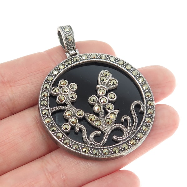 925 Sterling Silver Vintage Real Black Onyx and Marcasite Flower Round Pendant