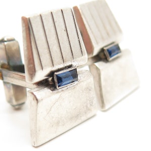 Boutons De Manchette Anson Art Déco - Ton Argenté Et Verre Bleu Cobalt - Vintage Pour Homme