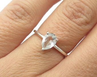 925 Sterling Silver Vintage Real Pear-Cut White Topaz Engagement Ring Size 5.25