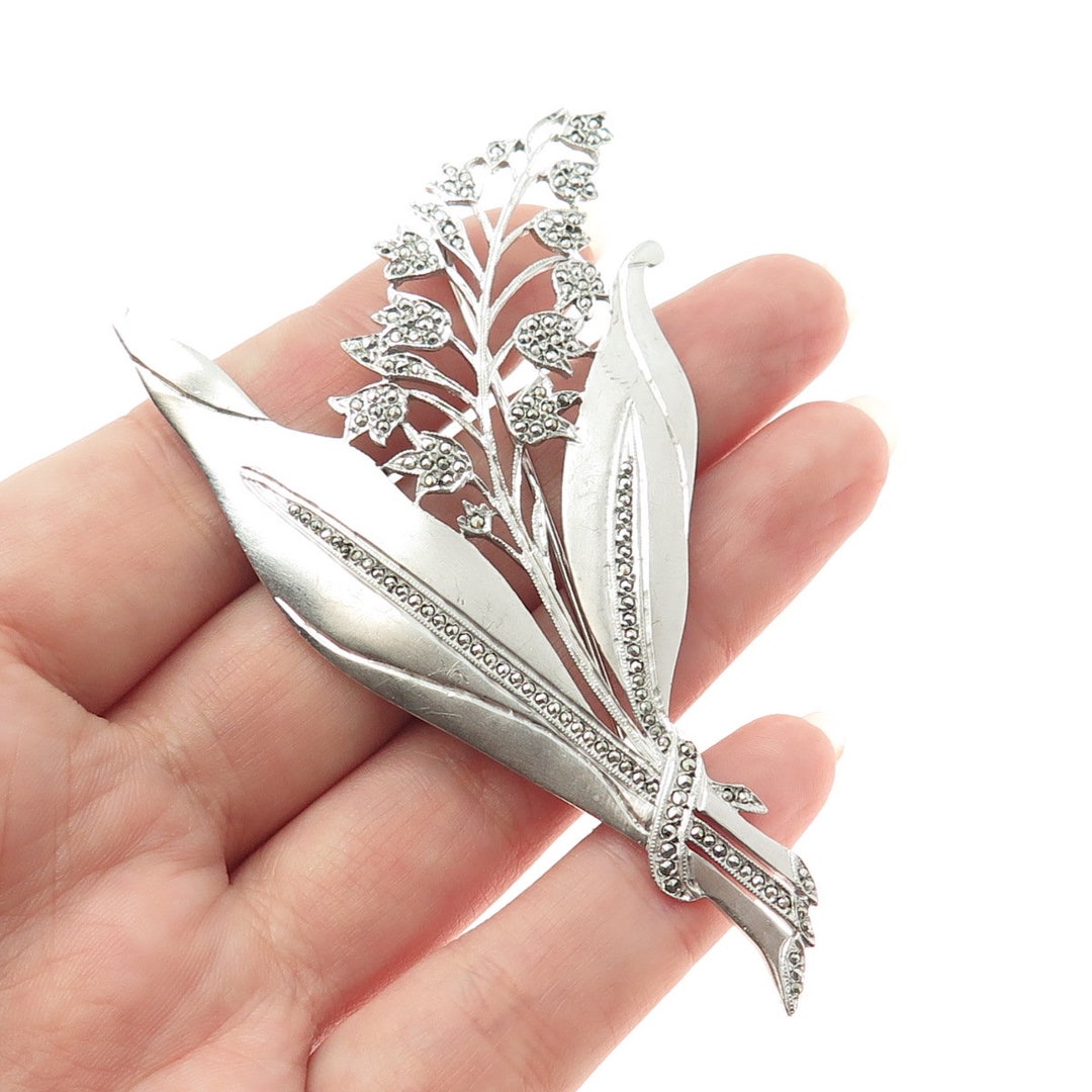 925 Sterling Silver Antique Art Deco PRK Real Marcasite Flower Pin