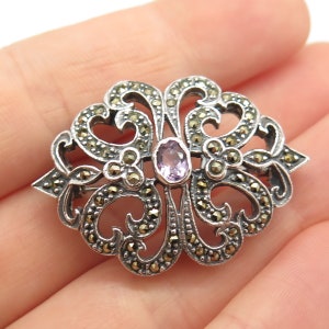 925 Sterling Silver Vintage Amethyst and Marcasite Gemstone Boho-Style Pin Brooch