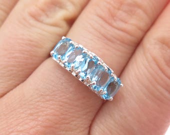 CNA PRANDA 925 Sterling Silver Vintage Real Oval-Cut Blue Topaz Ring Size 8