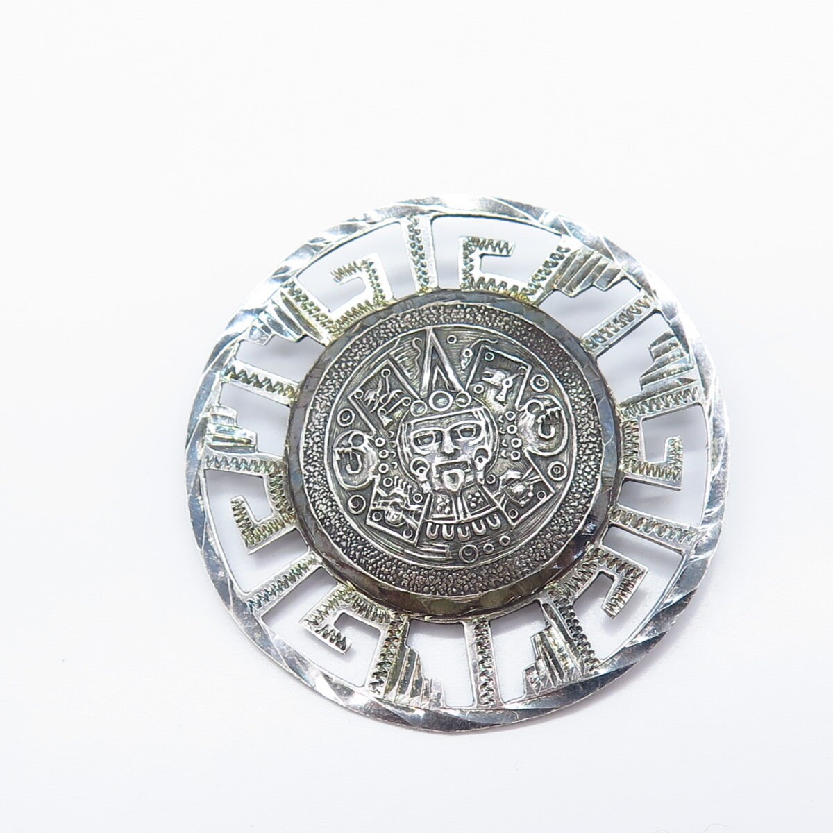 925 Sterling Silver Vintage Mexico Aztec Calendar Pin Brooch