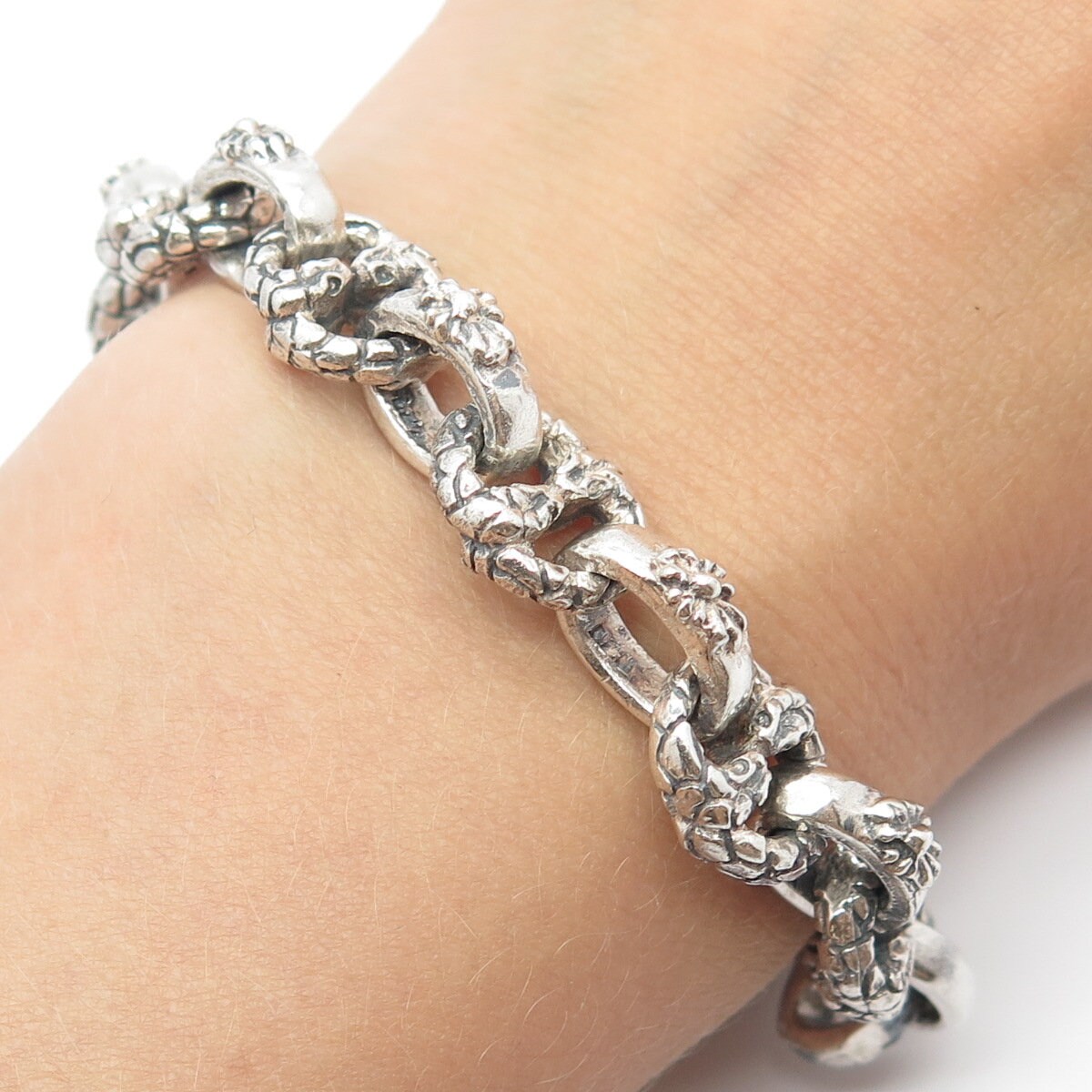 925 Sterling Silver Vintage Snake Head Ornate Rolo Link Bracelet