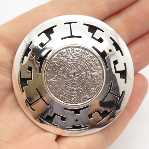 925 Sterling Silver Vintage Mexico Aztec Calendar Design Pendant / Pin Brooch