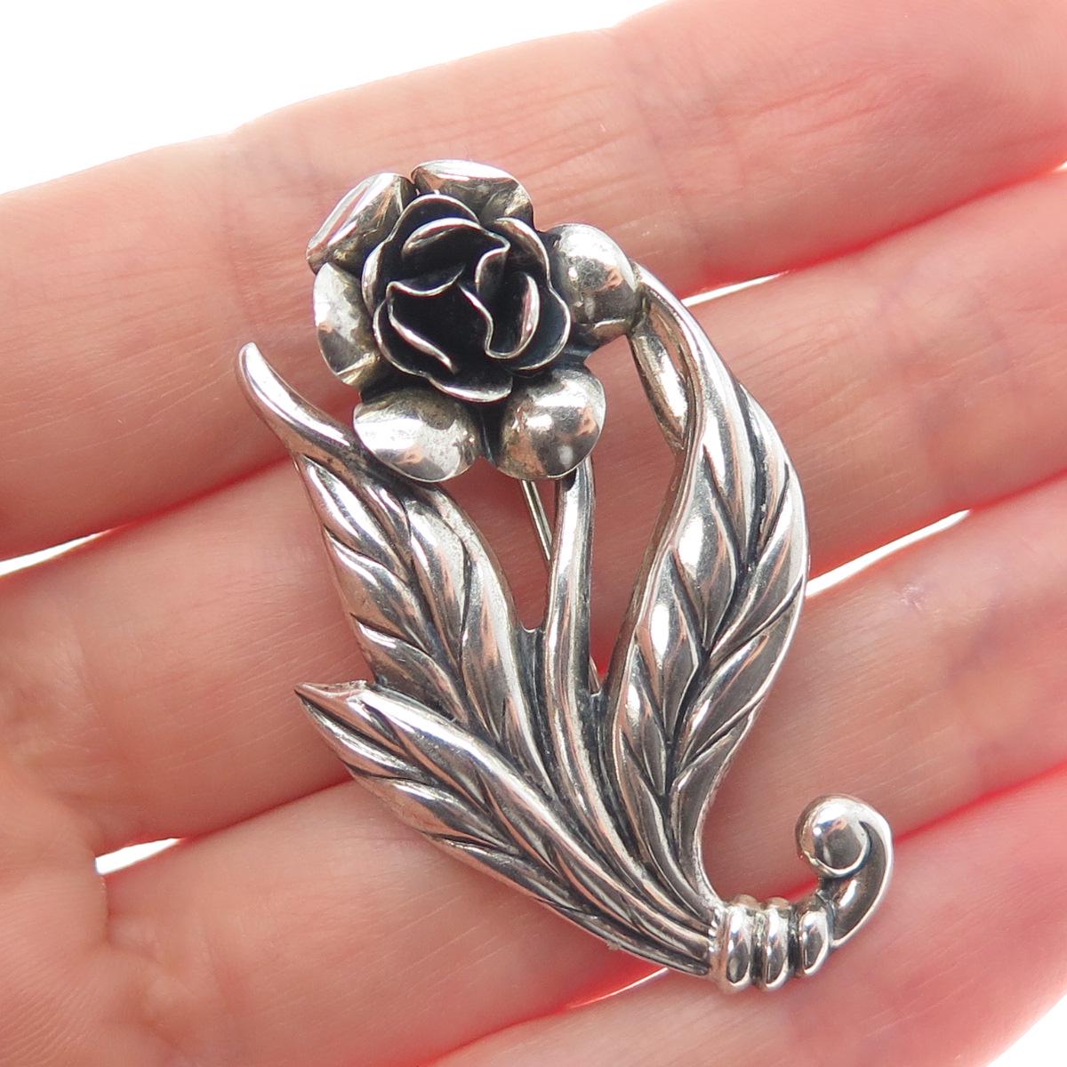 DANECRAFT 925 Sterling Silver Vintage Rose Flower Oxidized Pin