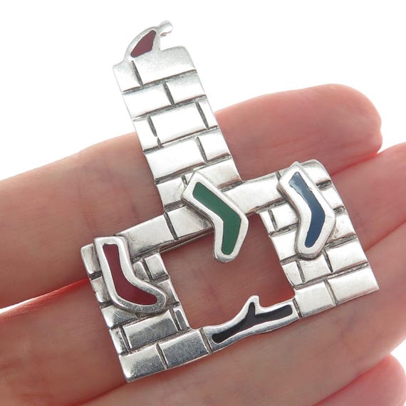 925 Sterling Silver Vintage AHD Mexico Enamel Christmas Fireplace Pin Brooch