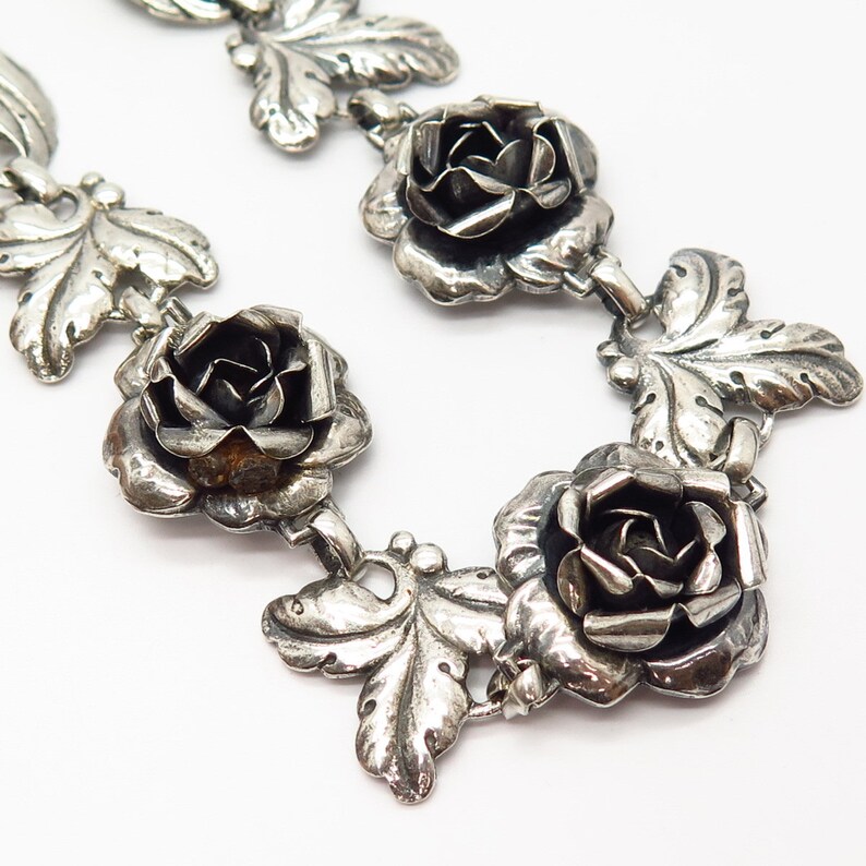 925 Sterling Silver Vintage Rose Floral Design Statement Chain Necklace 16