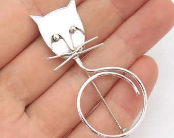 925 Sterling Silver Vintage Mexico Modernist Cat Pin Brooch