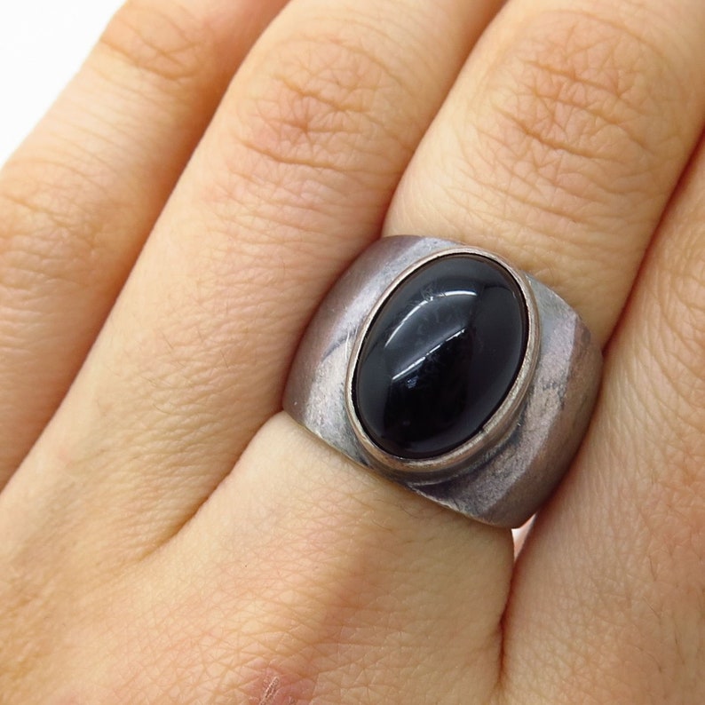 Vtg Mexico 925 Sterling Silver Real Black Onyx Gemstone Wide Ring Size 6