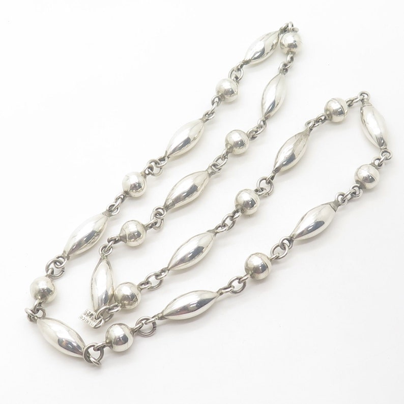 Vtg Mexico 925 Sterling Silver Long Hollow Modernist Bead Chain Necklace 28