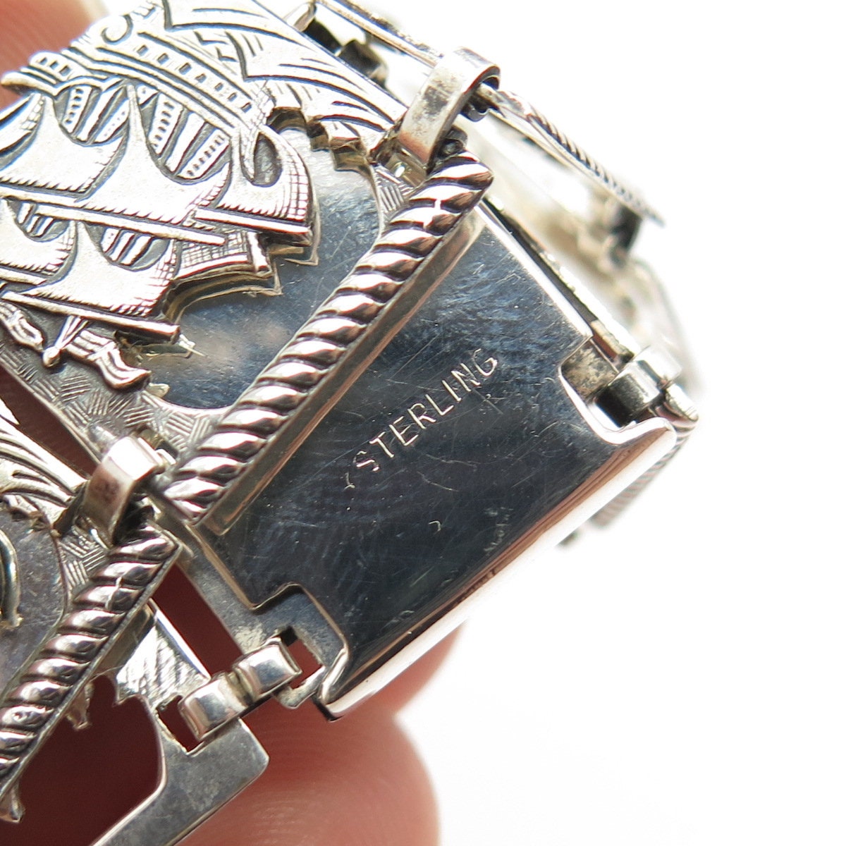 925 Sterling Silver Vintage Sail Ship Panel Link Bracelet